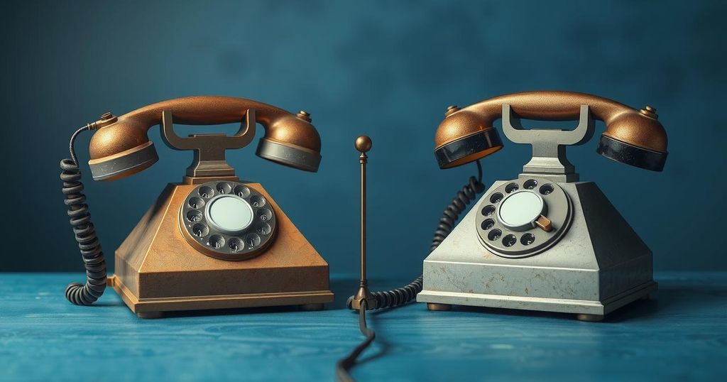 Two telephones with communication waves, symbolizing a diplomatic conversation between leaders.