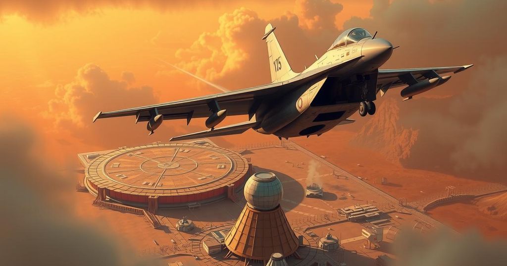 A digital illustration of a US military jet soaring over a stylized depiction of a nuclear facility in Iran.