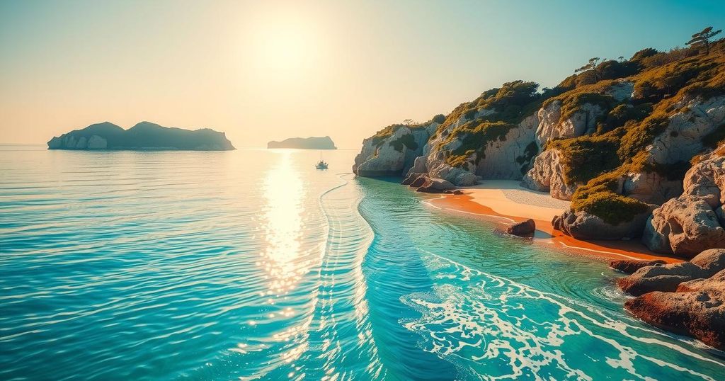 Calm ocean view with sandy island shores, sunlight reflecting off the water, showcasing natural beauty of Montebello Islands.