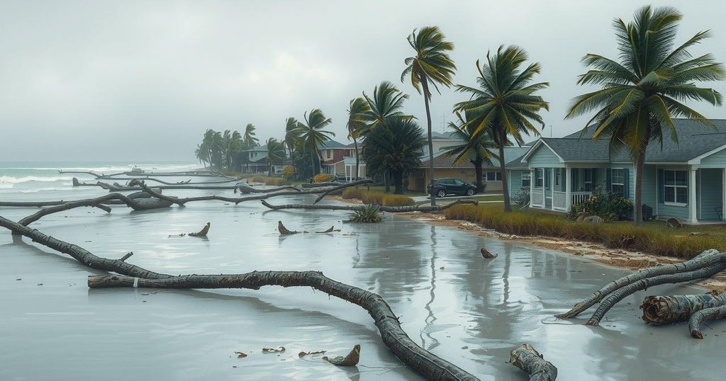 Resort town devastated by hurricane with floodwaters and debris scattered around under a gray sky.
