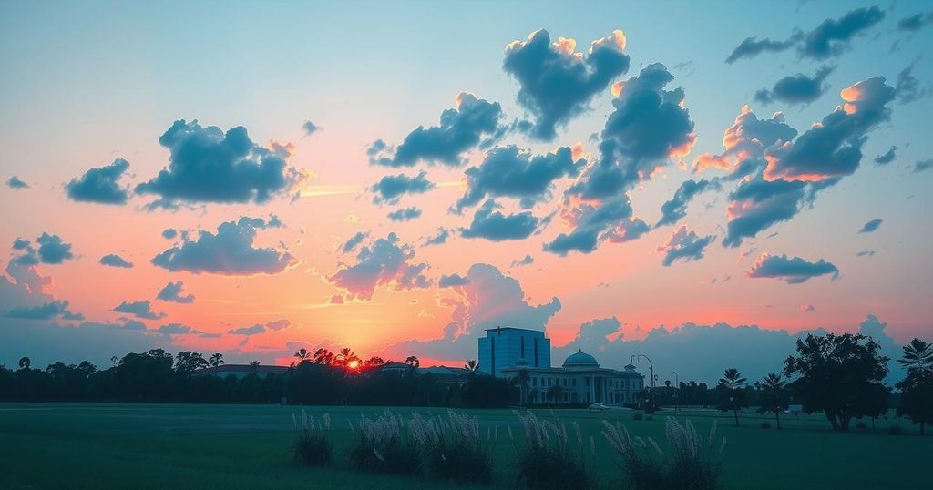 Partly cloudy sky over Orlando with cooler temperatures and hints of sunset colors, representing seasonal weather transitions.