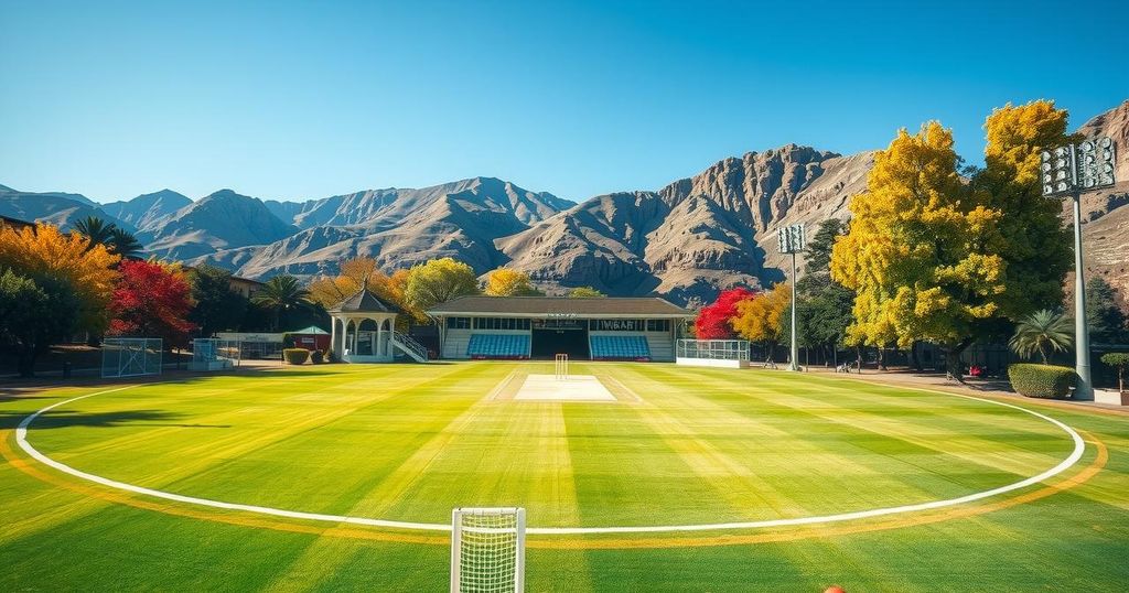 Cricket stadium in Windhoek with lush green grass and a clear blue sky, ready for upcoming matches.