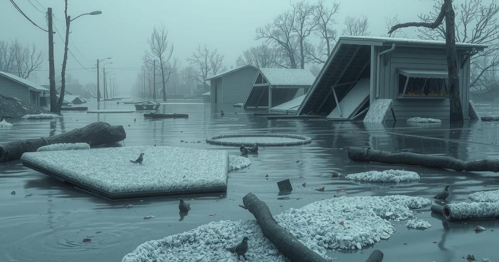 A flooded landscape with debris, evoking a sense of loss, in muted gray and soft blue tones.