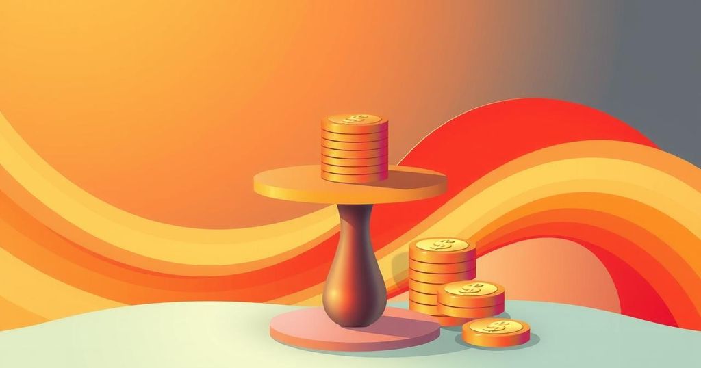 Colorful abstract illustration of a balanced payment scheme with coins and smooth curves in warm tones.