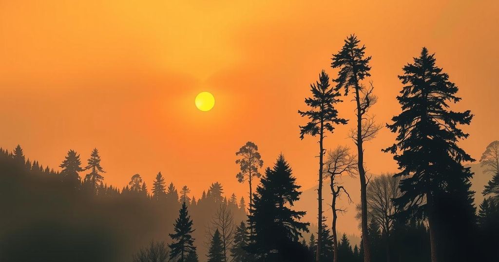 A serene landscape with smoky skies due to wildfires, featuring trees and a sunset in muted tones.