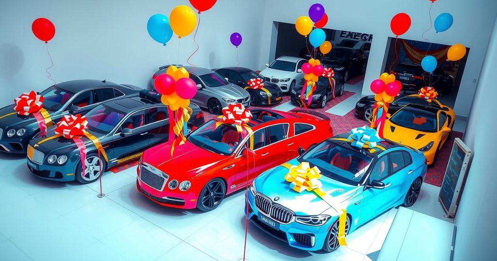 A vibrant luxury car display with balloons and bows against a colorful background, symbolizing wealth and generosity.