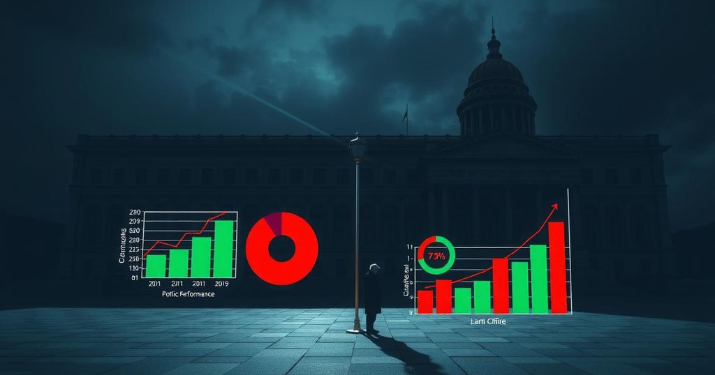 A symbolic representation of political challenges with a shadowy parliament backdrop and colorful graphs.
