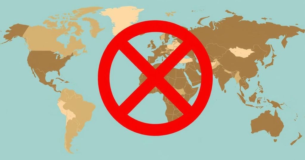 A map showing nearly 20 countries marked with travel restrictions and a crossing out symbol, in a range of muted colors.