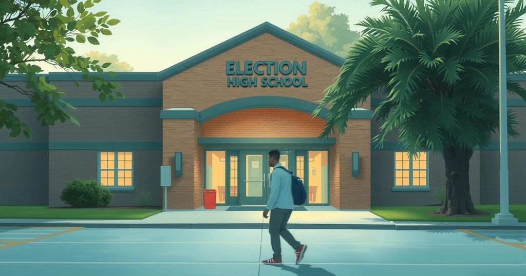 A serene high school entrance during election day with unoccupied precincts and muted colors.