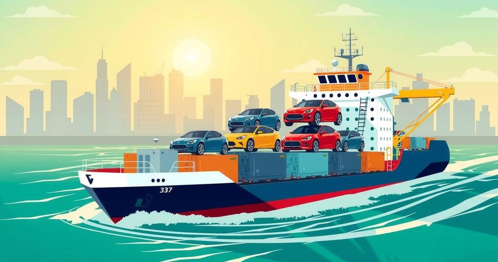 Electric vehicles on a transport ship heading to Brazil with a city skyline in the background and a bright color palette.