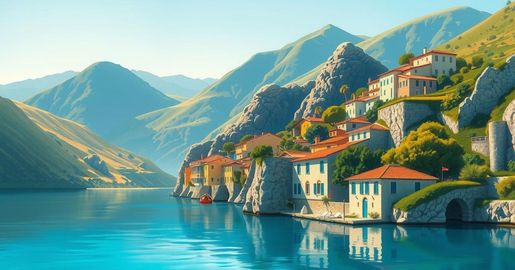 A cozy Mediterranean family vacation scene, featuring a stunning landscape with lush greenery and serene waters.