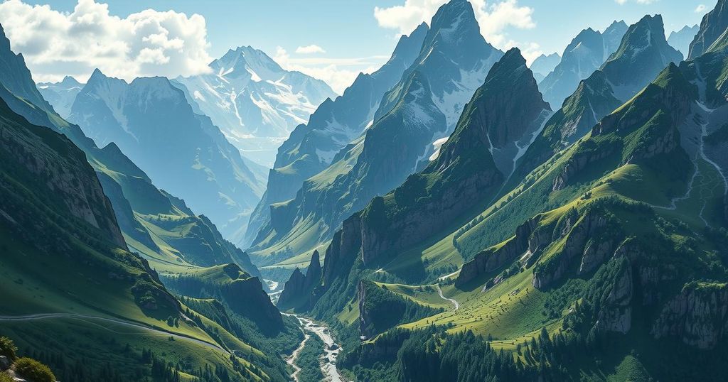A scenic mountain landscape featuring towering peaks and vibrant greenery, capturing the essence of outdoor adventure.