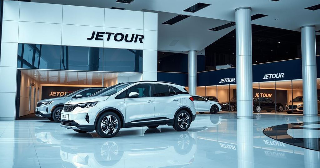 A sleek, modern auto dealership showcase featuring a Jetour vehicle with a luxurious design.