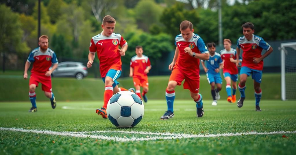 Vibrant soccer scene with a green field, a ball in the center, and jerseys in red and blue.