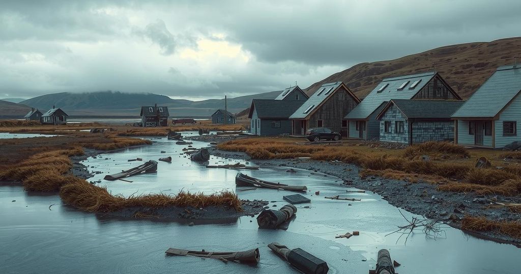 A somber landscape of flood aftermath in Eastern Cape, with debris, damaged homes, and submerged areas under a cloudy sky.