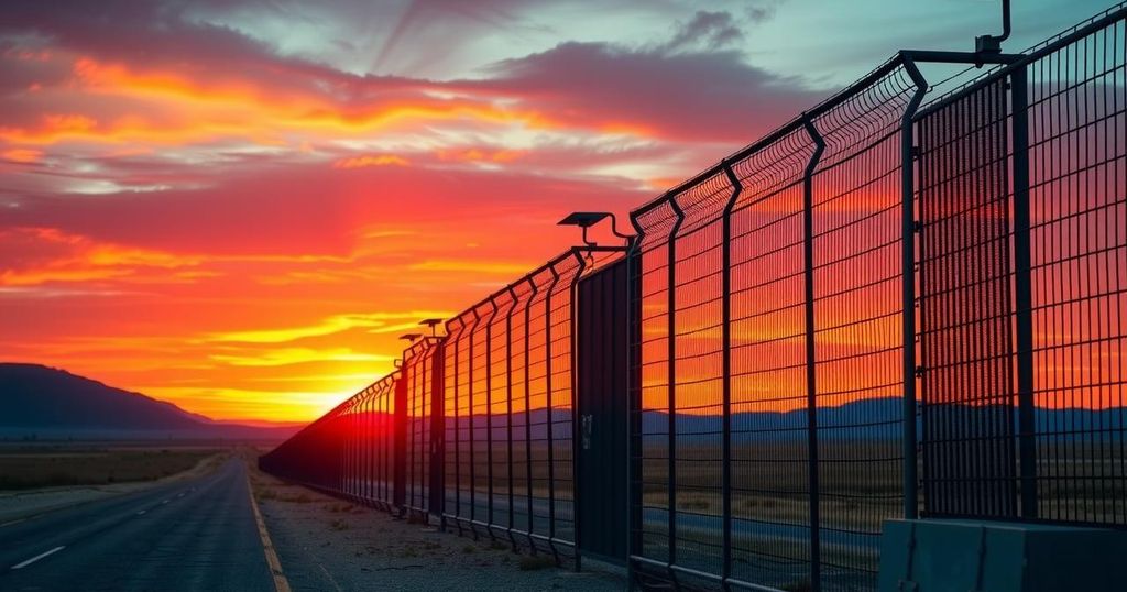 A symbolic representation of border security and immigration policy changes with fences and barriers against a sunset sky.
