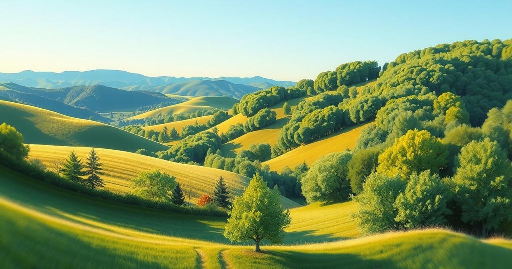 A serene landscape of rolling hills and green forests depicting a spring turkey hunting scene, with vibrant colors.