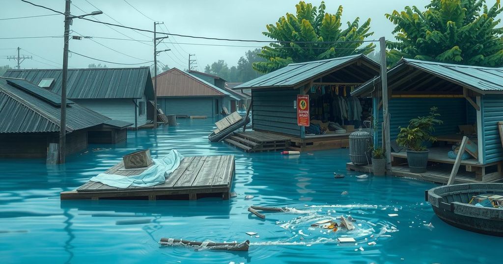 A flooded market area in Nigeria with debris visible and water covering buildings, surrounded by lush greenery.