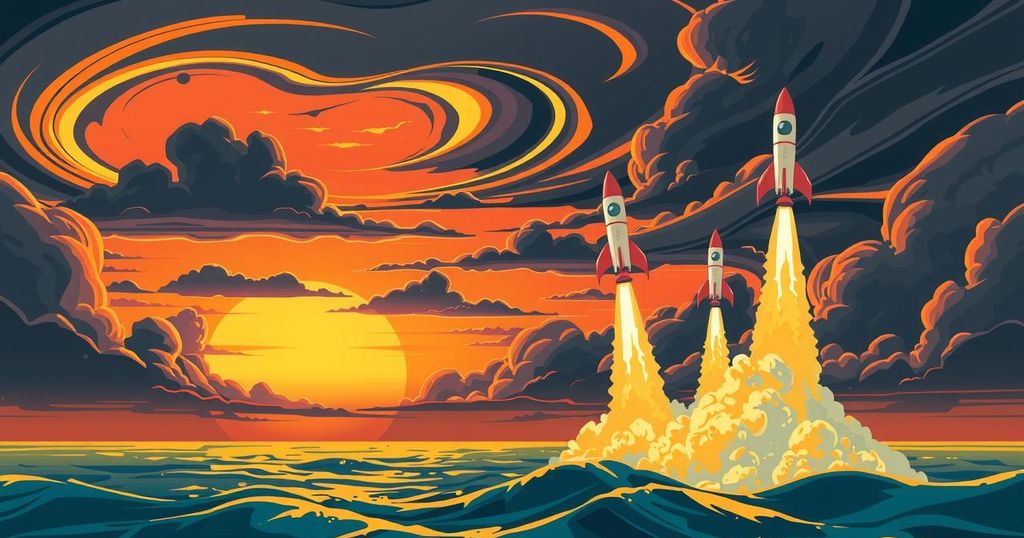 Colorful depiction of rockets launching into the Yellow Sea with a dramatic sunset backdrop.