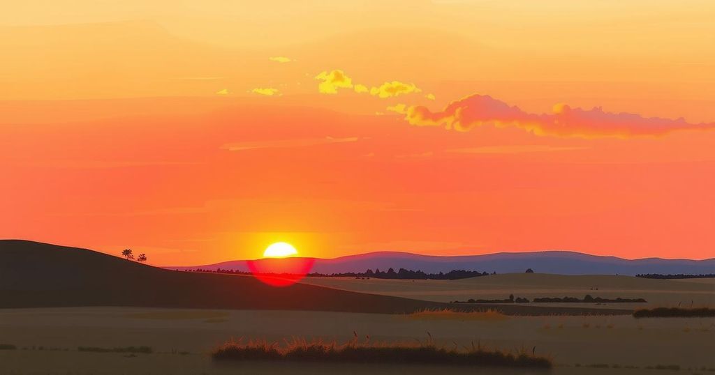 A serene sunset over a vast landscape, symbolizing peace and international diplomacy in the Middle East.