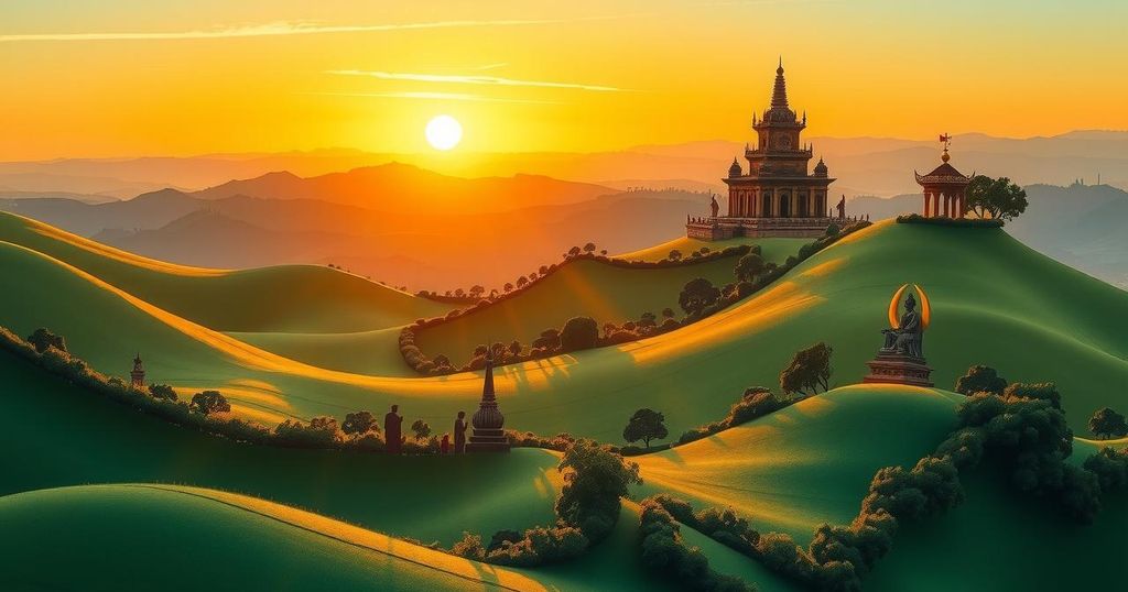 A serene landscape depicting diverse cultures overlooking a sunset horizon, showcasing unity and refuge.