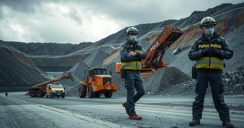 Police operation at a mining site, with equipment and gathered ore, set against a dramatic sky.