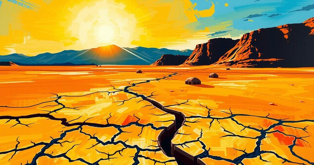 A vibrant illustration of Moroccan landscapes under extreme heat, featuring sun-scorched earth and an arid skyline.