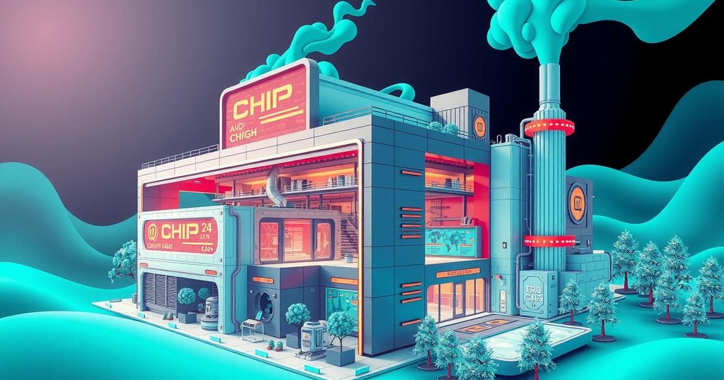 Conceptual illustration of a futuristic chip manufacturing plant with advanced technology in a vibrant landscape.
