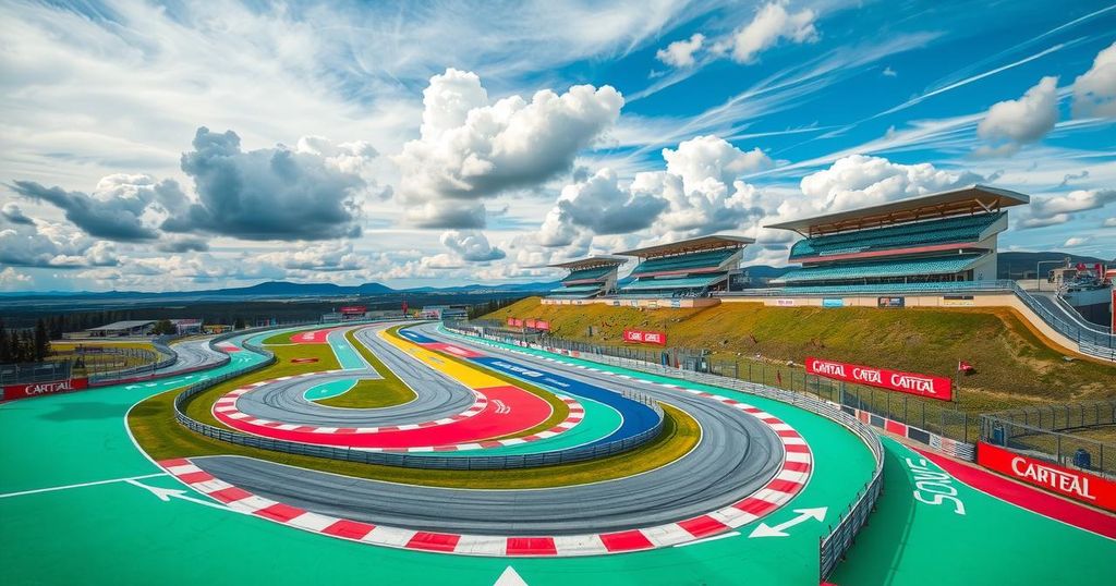 A racing scene at a colorful road course with vibrant banners and a dynamic sky, reflecting excitement and energy.