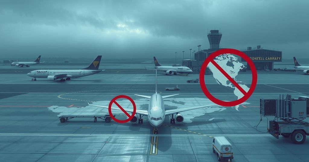 A travel-related scene depicting airports, planes grounded, with an abstract backdrop of restricted maps and barriers.