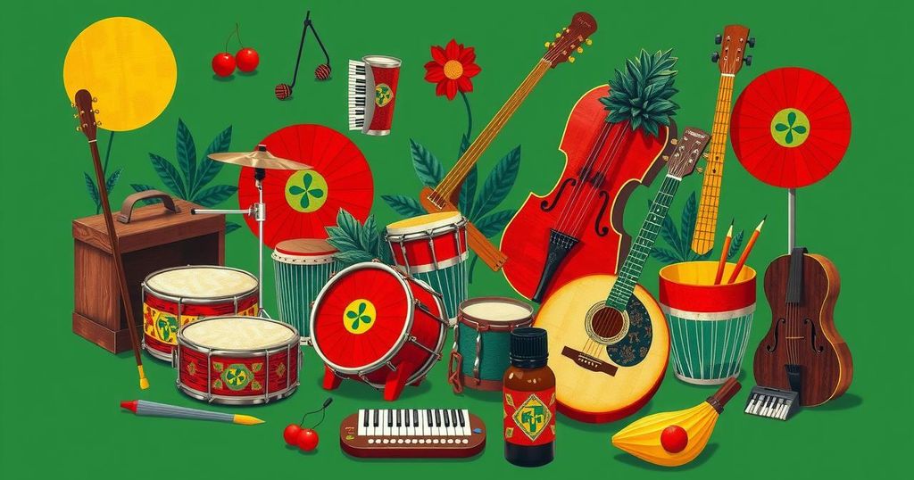 Colorful representation of musical elements and instruments symbolizing the Ugandan music scene.