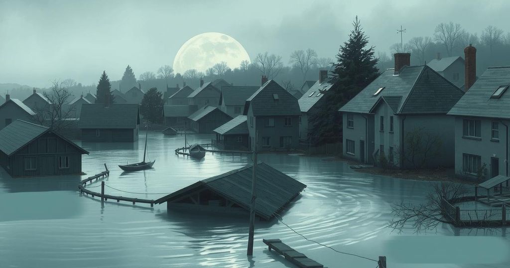 A submerged market town with rooftops visible above floodwaters, depicting devastation and rescue efforts halted.