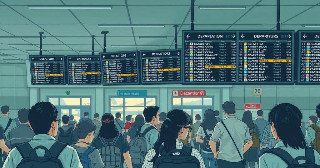 A dynamic airport scene filled with travelers and departure boards reflecting turbulent travel restrictions.