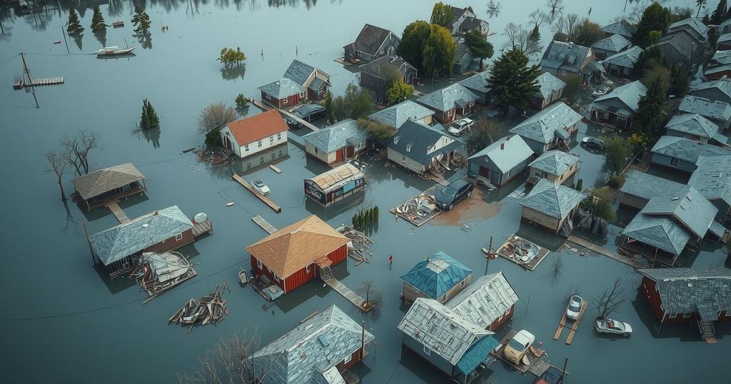 Aerial view of flooded communities surrounded by debris and damaged infrastructure, reflecting the aftermath of severe flooding.