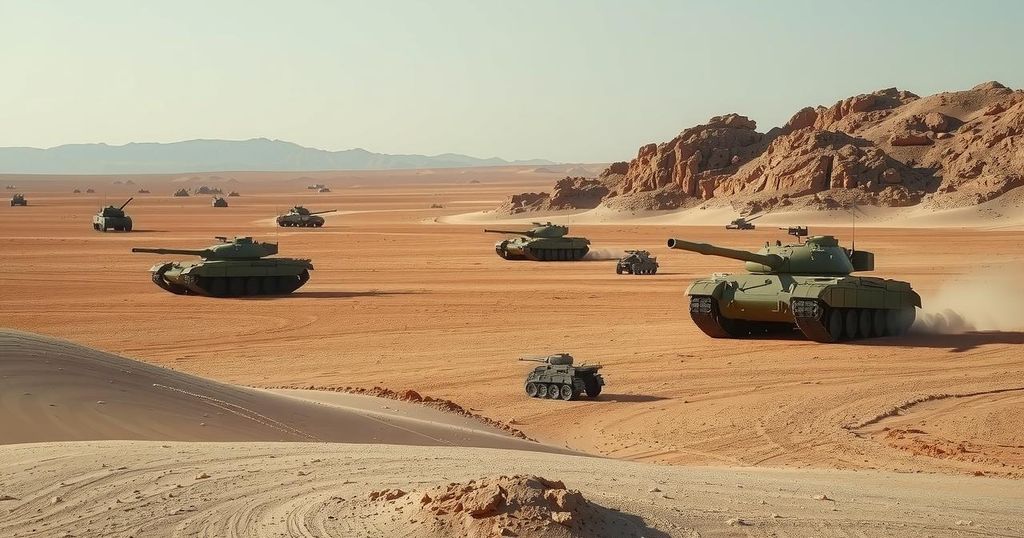 A tense political scene depicting military tanks, barren landscapes, and conflicting national symbols representing Middle East turmoil.