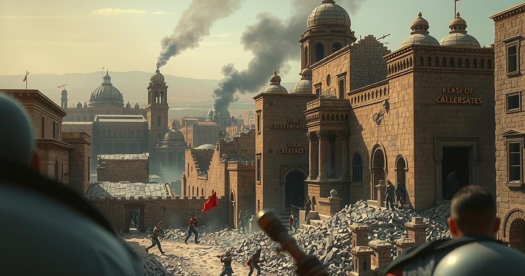 Destruction and conflict in an ancient city under siege, with smoke rising and a tense atmosphere.