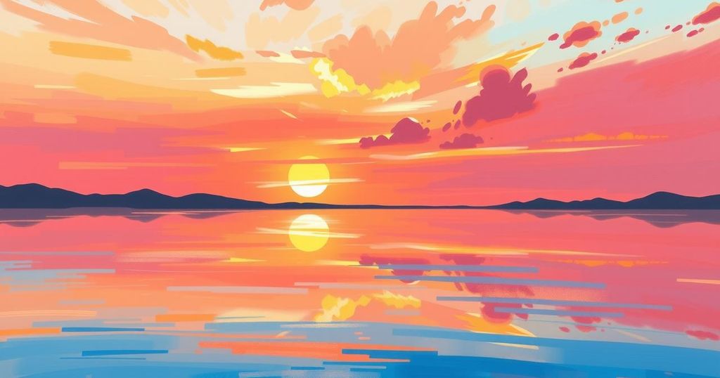 A vibrant sunset over a tranquil lake, reflecting warm hues of orange, pink, and purple in impressionist style.