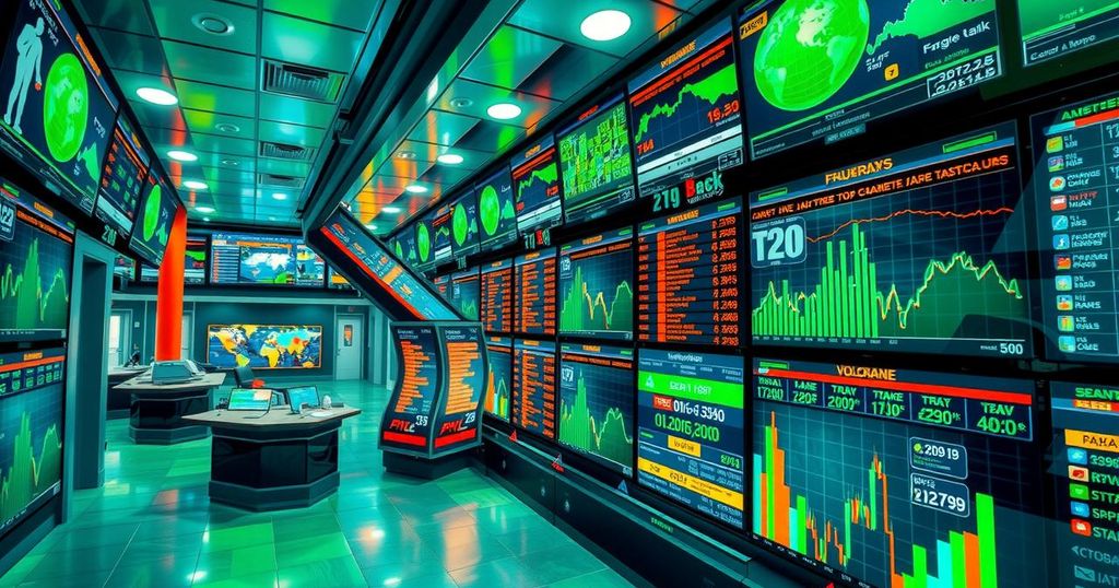 Colorful trading scene depicting market trends influenced by elections and policy shifts in various regions.