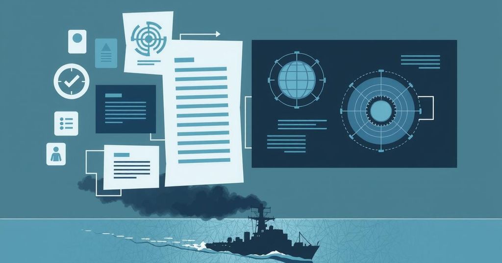 Modern graphic artwork depicting strategic intelligence themes and a military maritime scene in muted colors.