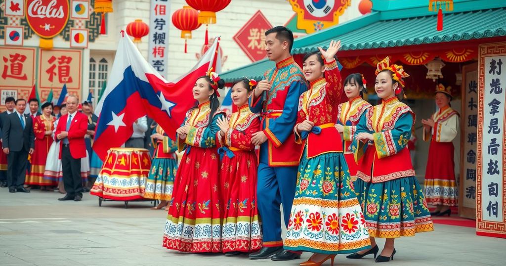 Celebratory cultural exchange scene with traditional performers, vibrant costumes, and decorations, showcasing Russian-North Korean ties.