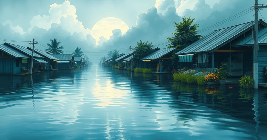 A serene landscape of a flooded market town, showcasing lush greenery and standing water reflecting clouds.