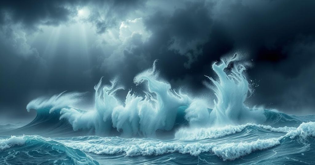 A powerful cyclone impacting a coastal area, with turbulent waves and ominous storm clouds looming over land.