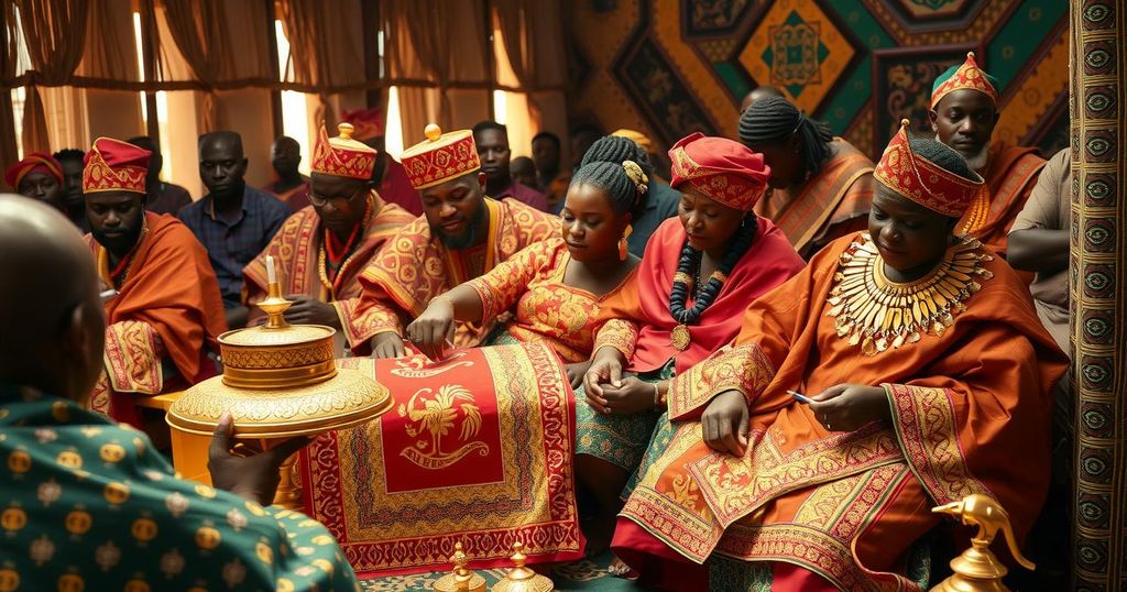 Traditional funeral rites with vibrant textiles and ceremonial items representing Asanteman heritage and respect.