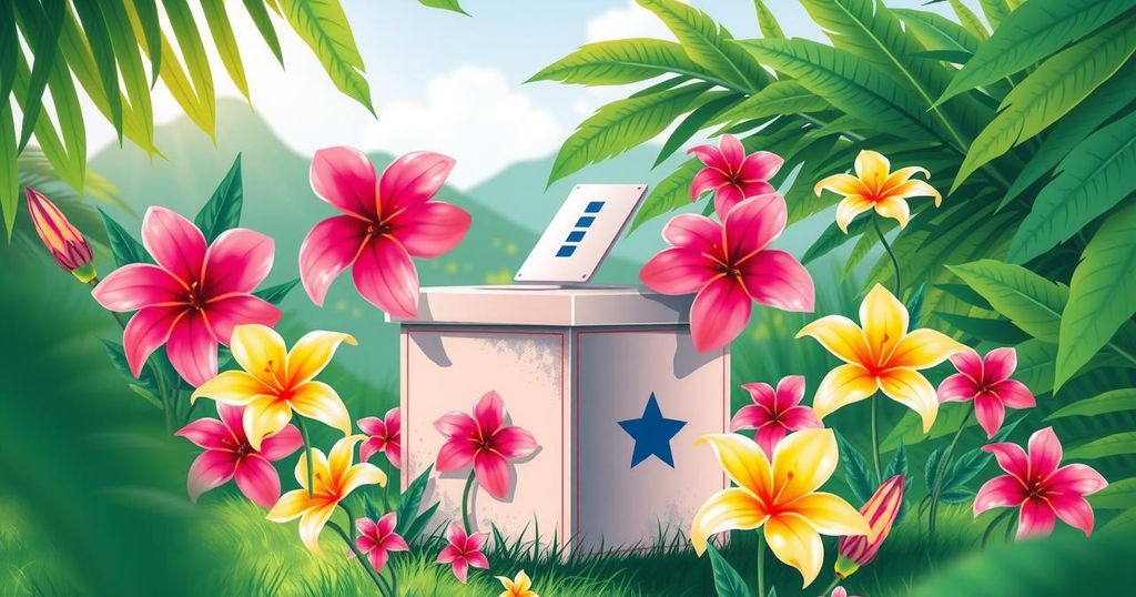 A colorful ballot box with tropical flowers in a natural setting, representing democracy and elections in Samoa.