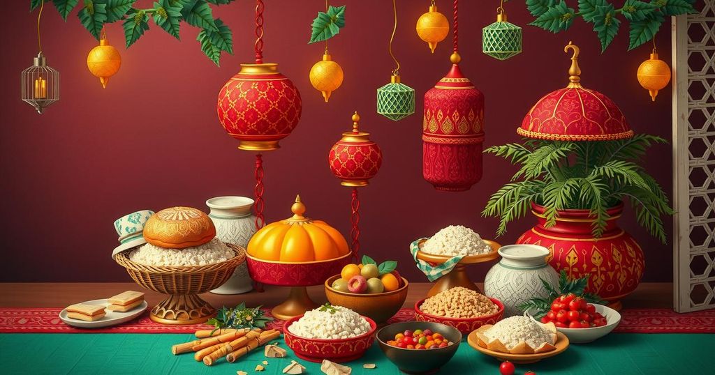 Vibrant festival scene depicting traditional decorations and food for Eid Al-Adha in Nigeria with rich colors.