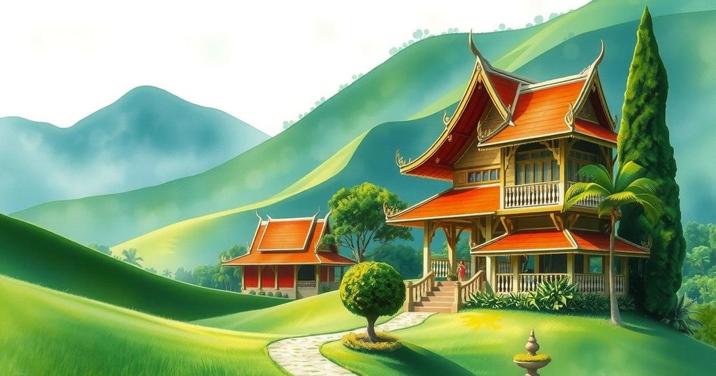 Scenic view of Thailand with lush greenery and traditional architecture, capturing cultural beauty and travel inspiration.
