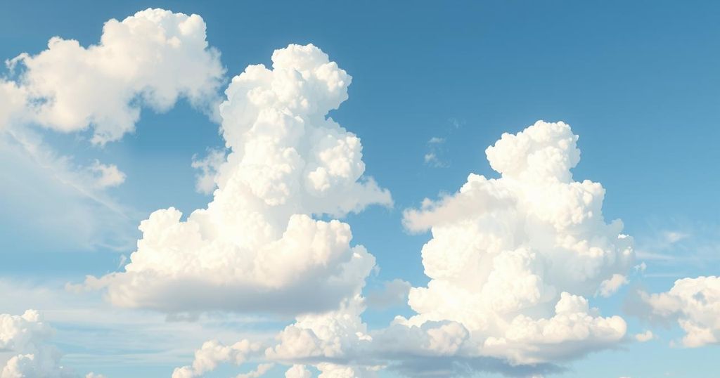 Clear skies and fluffy clouds over a serene landscape, symbolizing pleasant weather for the weekend.