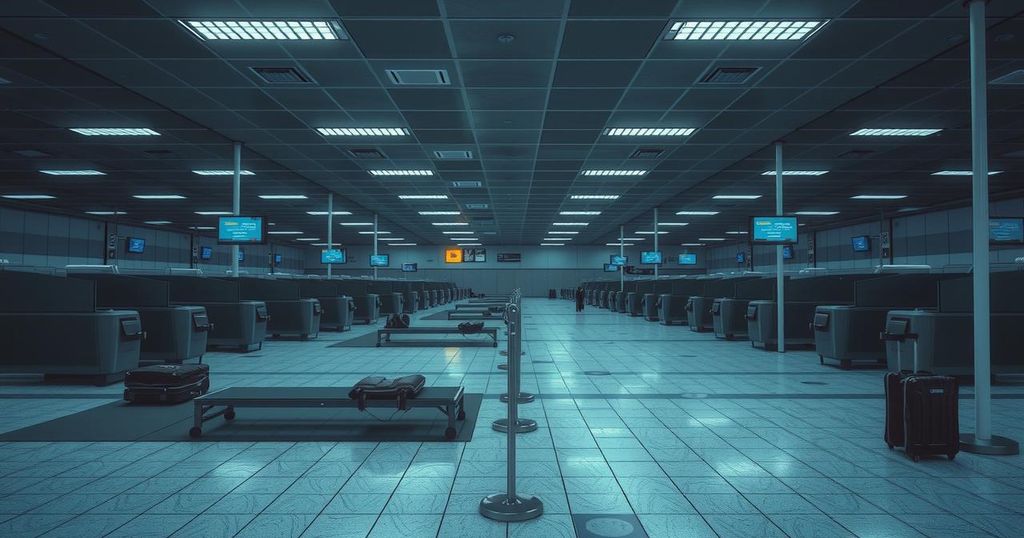 An empty airport terminal with closed gates, dim lighting, quiet check-in counters, and scattered luggage representing travel restrictions.