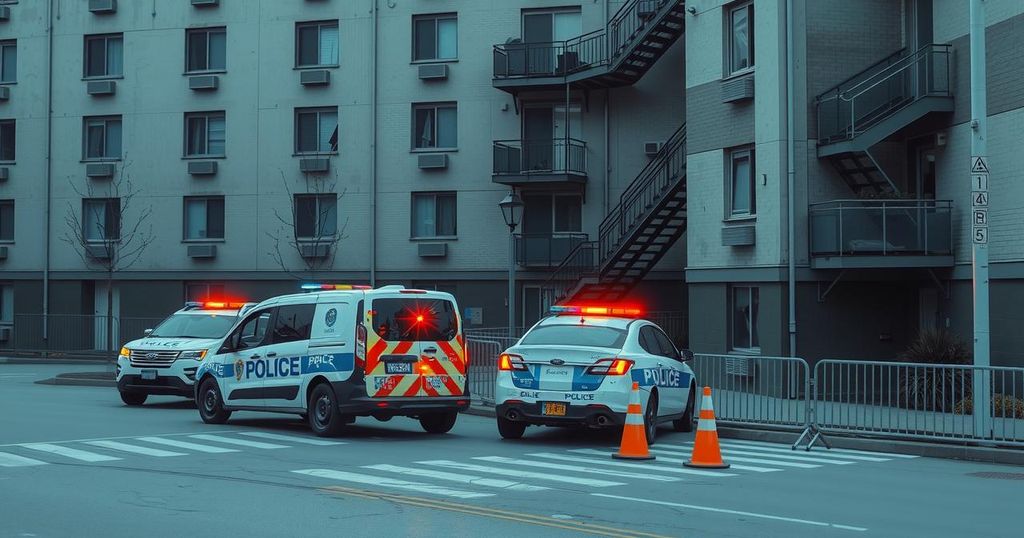 Arrest scene depicting police operation in an urban area with police vehicles and equipment.