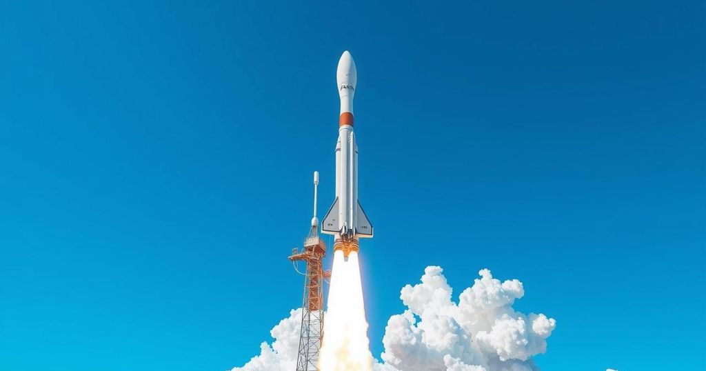 A Falcon 9 rocket launches into a clear blue sky, symbolizing international collaboration in space exploration.